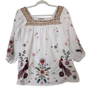 Johnny Was White Boho Embroidered Peasant Blouse Birds Floral Bohemian Top XS